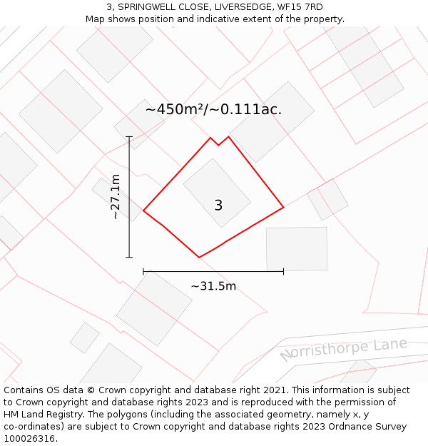 3, SPRINGWELL CLOSE, LIVERSEDGE, WF15 7RD: Plot and title map