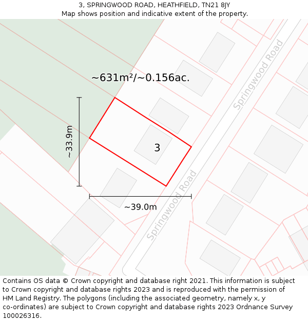 3, SPRINGWOOD ROAD, HEATHFIELD, TN21 8JY: Plot and title map