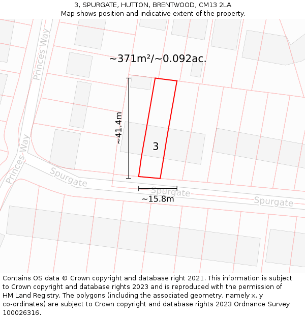 3, SPURGATE, HUTTON, BRENTWOOD, CM13 2LA: Plot and title map