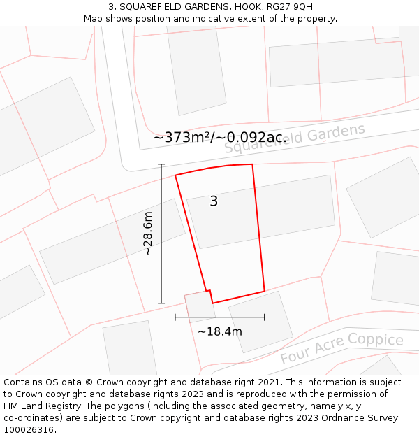 3, SQUAREFIELD GARDENS, HOOK, RG27 9QH: Plot and title map