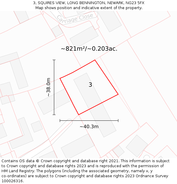 3, SQUIRES VIEW, LONG BENNINGTON, NEWARK, NG23 5FX: Plot and title map