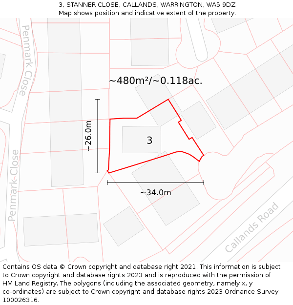 3, STANNER CLOSE, CALLANDS, WARRINGTON, WA5 9DZ: Plot and title map