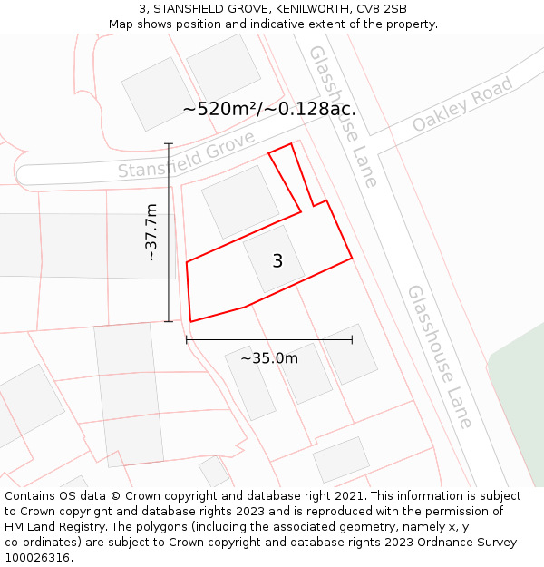 3, STANSFIELD GROVE, KENILWORTH, CV8 2SB: Plot and title map