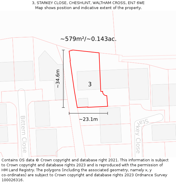 3, STARKEY CLOSE, CHESHUNT, WALTHAM CROSS, EN7 6WE: Plot and title map