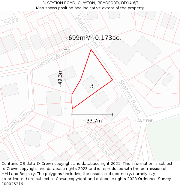 3, STATION ROAD, CLAYTON, BRADFORD, BD14 6JT: Plot and title map