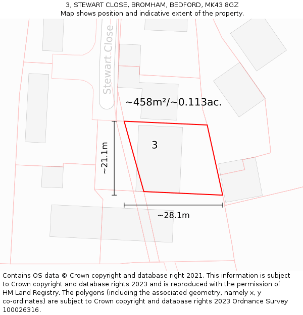3, STEWART CLOSE, BROMHAM, BEDFORD, MK43 8GZ: Plot and title map