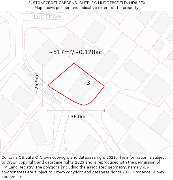 3, STONECROFT GARDENS, SHEPLEY, HUDDERSFIELD, HD8 8EX: Plot and title map