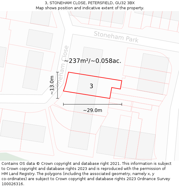 3, STONEHAM CLOSE, PETERSFIELD, GU32 3BX: Plot and title map