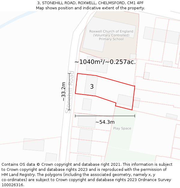 3, STONEHILL ROAD, ROXWELL, CHELMSFORD, CM1 4PF: Plot and title map
