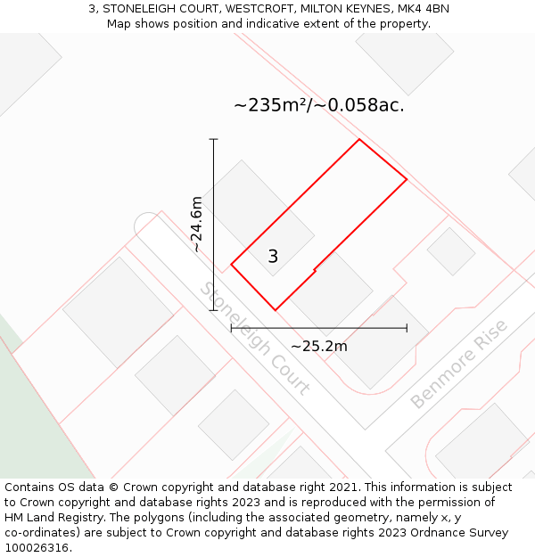 3, STONELEIGH COURT, WESTCROFT, MILTON KEYNES, MK4 4BN: Plot and title map