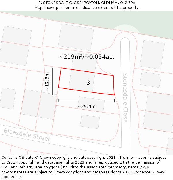 3, STONESDALE CLOSE, ROYTON, OLDHAM, OL2 6PX: Plot and title map