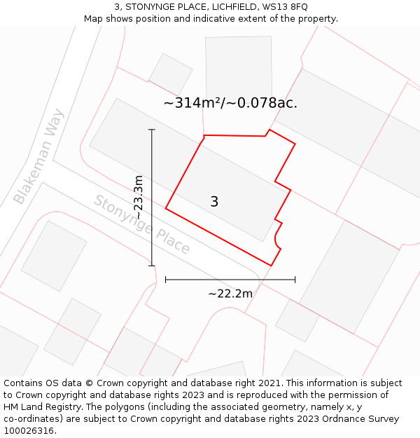 3, STONYNGE PLACE, LICHFIELD, WS13 8FQ: Plot and title map