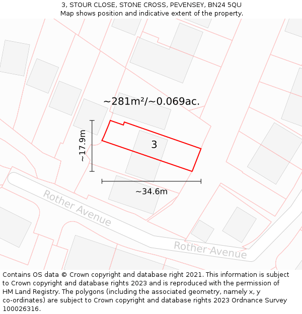 3, STOUR CLOSE, STONE CROSS, PEVENSEY, BN24 5QU: Plot and title map