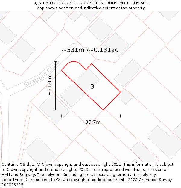 3, STRATFORD CLOSE, TODDINGTON, DUNSTABLE, LU5 6BL: Plot and title map