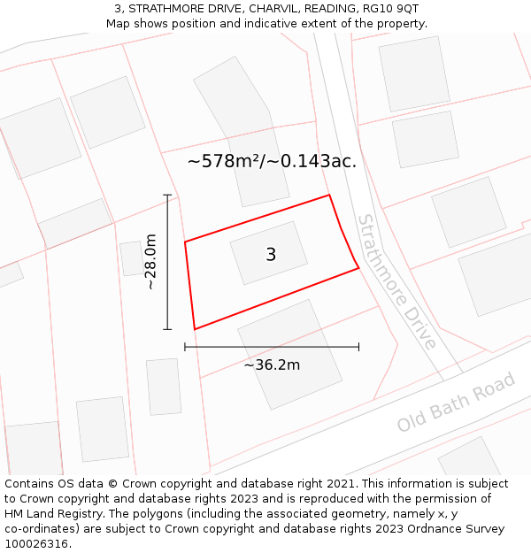 3, STRATHMORE DRIVE, CHARVIL, READING, RG10 9QT: Plot and title map