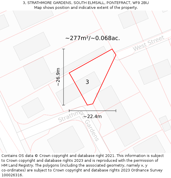 3, STRATHMORE GARDENS, SOUTH ELMSALL, PONTEFRACT, WF9 2BU: Plot and title map