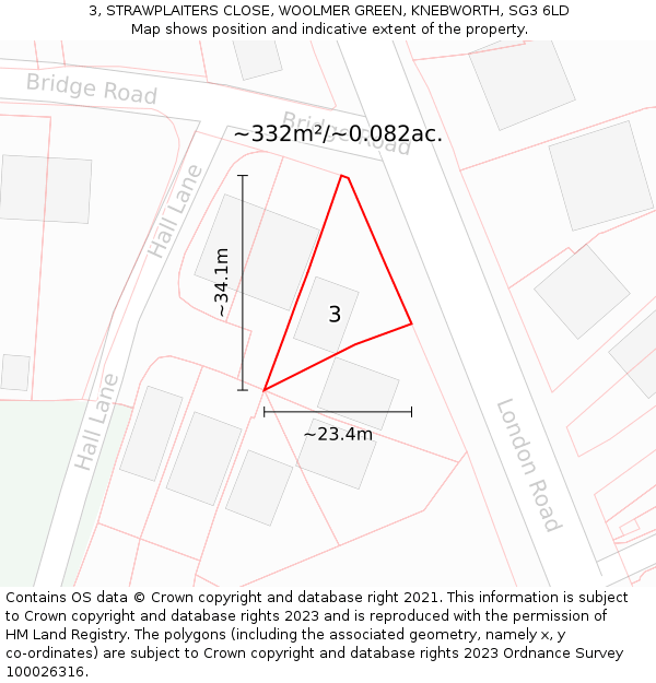 3, STRAWPLAITERS CLOSE, WOOLMER GREEN, KNEBWORTH, SG3 6LD: Plot and title map