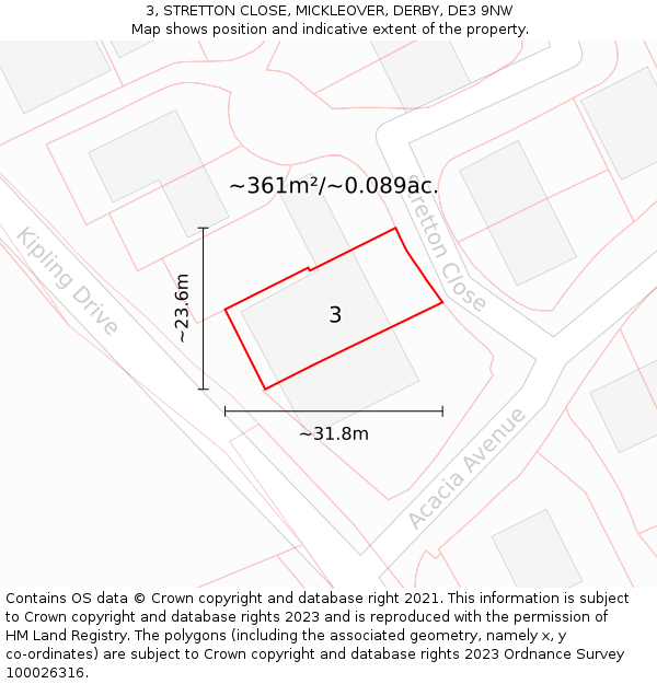 3, STRETTON CLOSE, MICKLEOVER, DERBY, DE3 9NW: Plot and title map