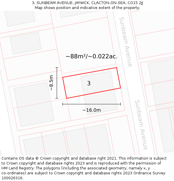 3, SUNBEAM AVENUE, JAYWICK, CLACTON-ON-SEA, CO15 2JJ: Plot and title map