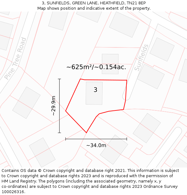 3, SUNFIELDS, GREEN LANE, HEATHFIELD, TN21 8EP: Plot and title map