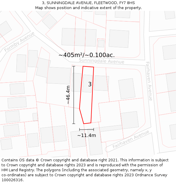 3, SUNNINGDALE AVENUE, FLEETWOOD, FY7 8HS: Plot and title map