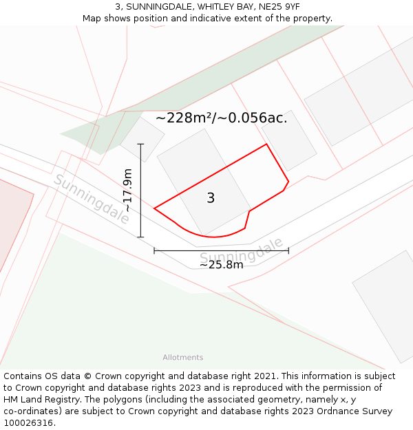 3, SUNNINGDALE, WHITLEY BAY, NE25 9YF: Plot and title map