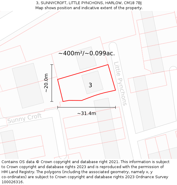 3, SUNNYCROFT, LITTLE PYNCHONS, HARLOW, CM18 7BJ: Plot and title map