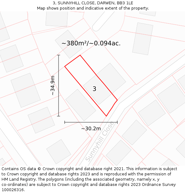 3, SUNNYHILL CLOSE, DARWEN, BB3 1LE: Plot and title map