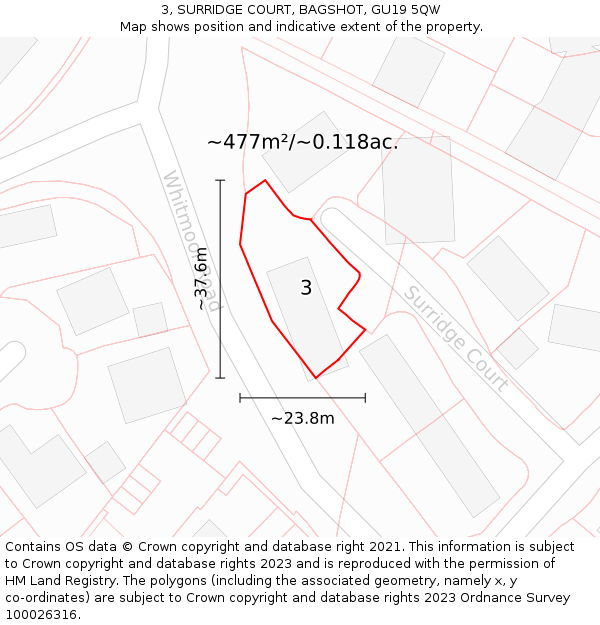 3, SURRIDGE COURT, BAGSHOT, GU19 5QW: Plot and title map