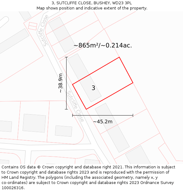 3, SUTCLIFFE CLOSE, BUSHEY, WD23 3PL: Plot and title map