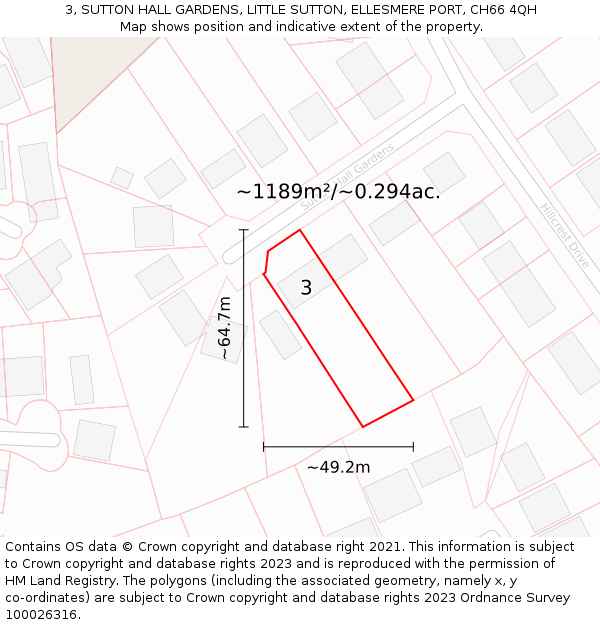 3, SUTTON HALL GARDENS, LITTLE SUTTON, ELLESMERE PORT, CH66 4QH: Plot and title map