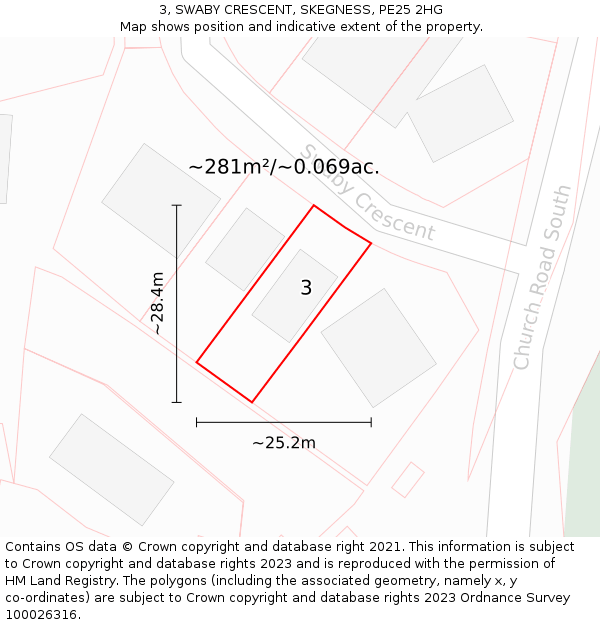 3, SWABY CRESCENT, SKEGNESS, PE25 2HG: Plot and title map