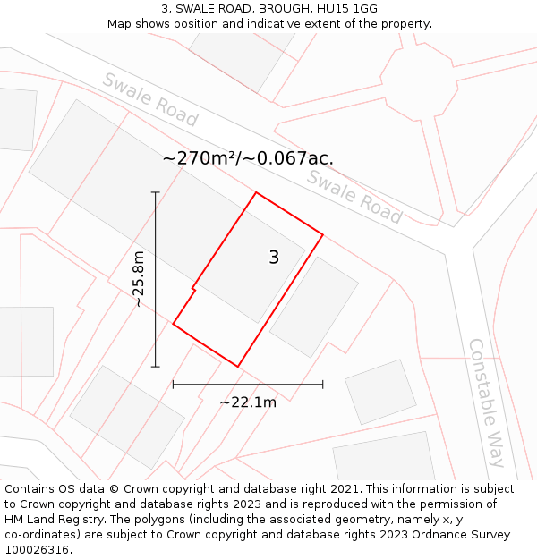 3, SWALE ROAD, BROUGH, HU15 1GG: Plot and title map