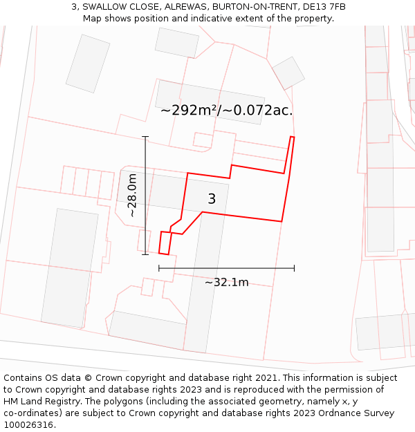 3, SWALLOW CLOSE, ALREWAS, BURTON-ON-TRENT, DE13 7FB: Plot and title map