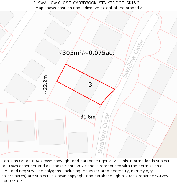 3, SWALLOW CLOSE, CARRBROOK, STALYBRIDGE, SK15 3LU: Plot and title map