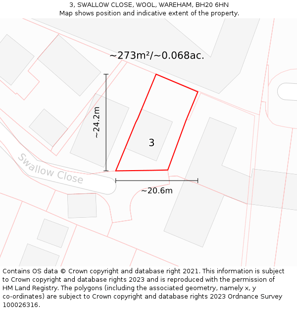 3, SWALLOW CLOSE, WOOL, WAREHAM, BH20 6HN: Plot and title map