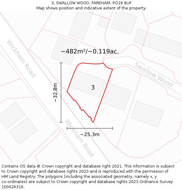 3, SWALLOW WOOD, FAREHAM, PO16 8UF: Plot and title map