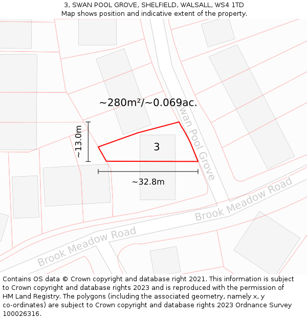 3, SWAN POOL GROVE, SHELFIELD, WALSALL, WS4 1TD: Plot and title map