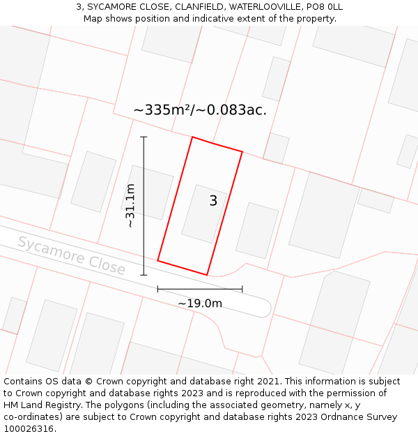 3, SYCAMORE CLOSE, CLANFIELD, WATERLOOVILLE, PO8 0LL: Plot and title map