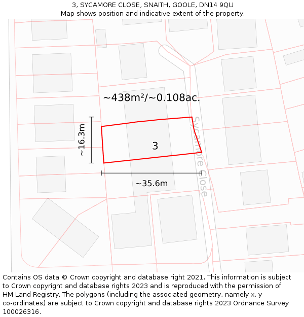 3, SYCAMORE CLOSE, SNAITH, GOOLE, DN14 9QU: Plot and title map