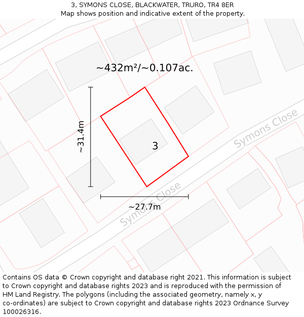 3, SYMONS CLOSE, BLACKWATER, TRURO, TR4 8ER: Plot and title map