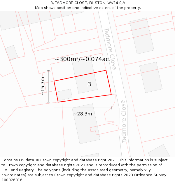 3, TADMORE CLOSE, BILSTON, WV14 0JA: Plot and title map