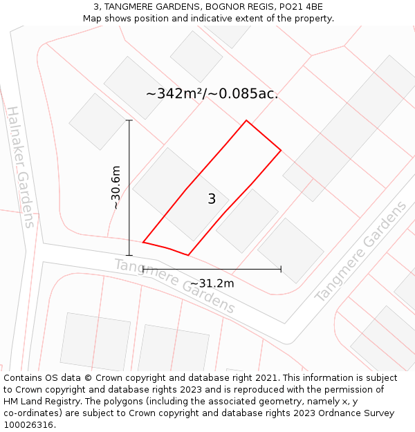 3, TANGMERE GARDENS, BOGNOR REGIS, PO21 4BE: Plot and title map