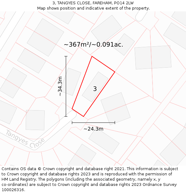 3, TANGYES CLOSE, FAREHAM, PO14 2LW: Plot and title map