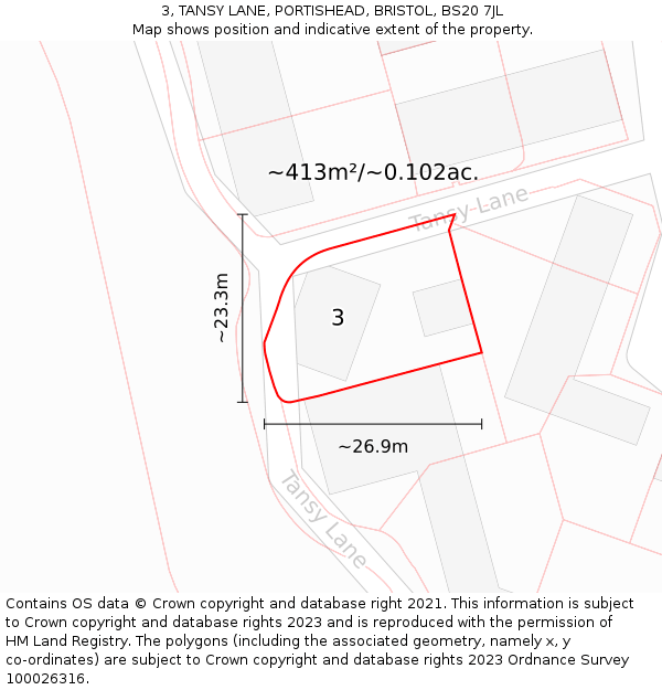 3, TANSY LANE, PORTISHEAD, BRISTOL, BS20 7JL: Plot and title map