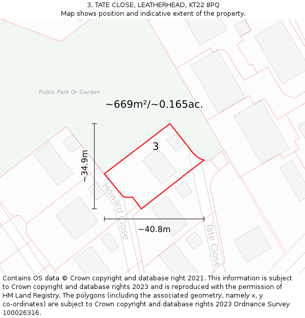 3, TATE CLOSE, LEATHERHEAD, KT22 8PQ: Plot and title map