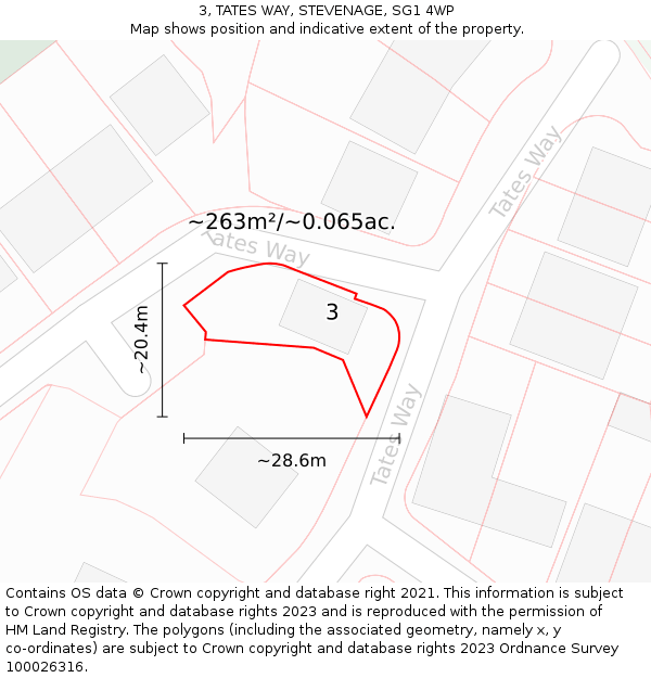 3, TATES WAY, STEVENAGE, SG1 4WP: Plot and title map