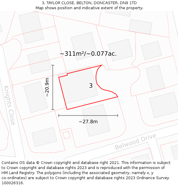 3, TAYLOR CLOSE, BELTON, DONCASTER, DN9 1TD: Plot and title map