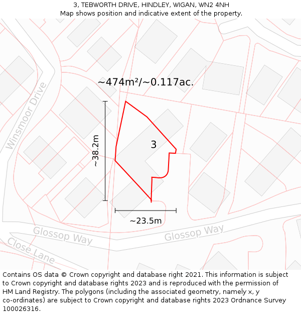 3, TEBWORTH DRIVE, HINDLEY, WIGAN, WN2 4NH: Plot and title map