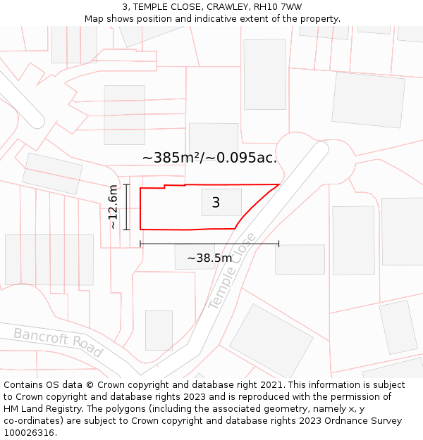 3, TEMPLE CLOSE, CRAWLEY, RH10 7WW: Plot and title map